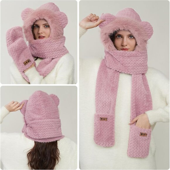 Women's Pink Winter Cute Bear Ear Hat Scarf 3 In 1 Faux Fur Gloves Set - Picture 3 of 9